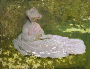 Painting showing a woman in flowing pink dress and matching bonet seated on the grass under a tree reading from a book on her lap. She is surrounded by lush greenery.