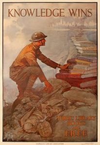 Soldier climbing stack of books, city skyline