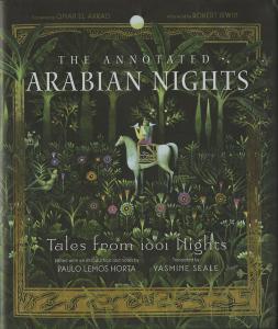 The Annotated Arabian Knights cover showing a woman on a white horse holding two white doves in a green field with many flowers and a dark forest in the background