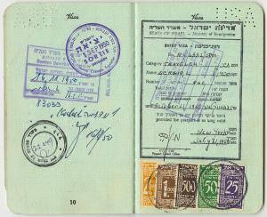 Two pages from Lisa Sergio's passports, showing a visa and entry stamps from Israel in 1950