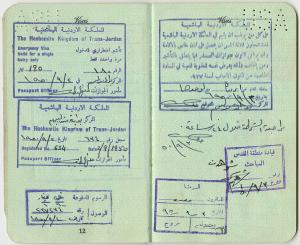 Two pages from the passport of Lisa Sergio, showing entry stamps for the Jordan-administered East Jerusalem in 1950