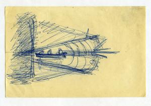 A hastily drawn sketch in blue ink of three people in a small motoboat and their reflection in the water