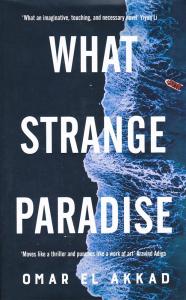 What Strange Paradise British edition showing a small red boat against a blue and black sea