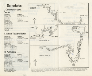 Printed GUTS bus schedule with map of routes