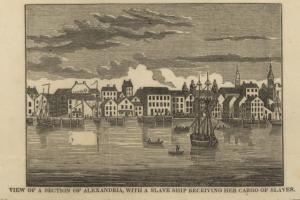 Print showing ships on Potomac River with businesses in background