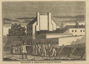 Print showing Franklin & Armfield building with a slave driver and a group of people bound in work camp