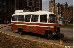 Color photograph of a GUTS bus in Healy Circle in 1979