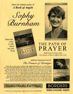 Flier advertising a talk by Sophy Burnham promoting her book The Path of Prayer