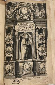 Frontispiece with Ignatius in the center, surrounded by headshots of individual Jesuits.