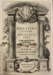 Frontispiece of the Jesuit Constitutions, with engraved pillars and the symbol of the Jesuits "IHS"