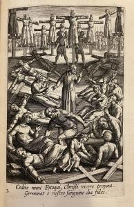 Engraving of numerous martyrs being crucified