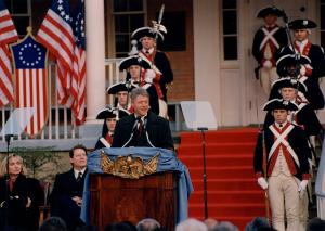 President-elect Bill Clinton addresses the Diplomatic Corps from the steps of Old North