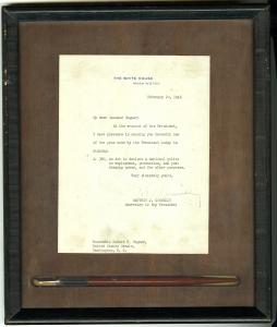 Letter from Matthew J. Connelly, Secretary to the President, to Robert F. Wagner, with a pen used by Harry S. Truman to sign the Employment Act of 1946 into law