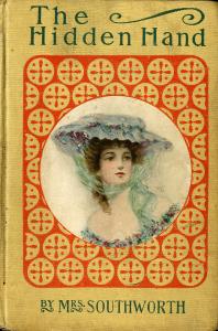 Cover of a hardcover copy of The Hidden Hand, showing an circular illustration of a young dark-haired woman wearing a large blue bonnet on a red decorative background