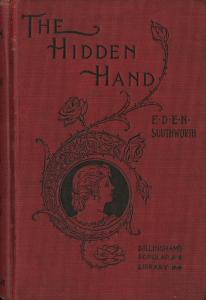 Cover of a hardcover copy of The Hidden Hand, cameo of a woman with short hair with floral ornaments in black on red cloth