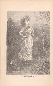 Frontispiece engraving from The Hidden Hand, depicting a young woman in a dress and large bonnet on the edge of a forest