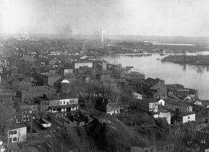 Aerial black and white photo panorama of Georgetown looking east of campus, circa 1890