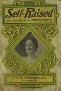 Cover of a paperback copy of Self-Raised, showing a black and white diamond shaped photograph of a smiling woman with dark hair surrounded by yellow and green ornamentation