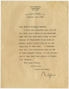 Letter from Arthur Balfour to Montague Summers, 1926