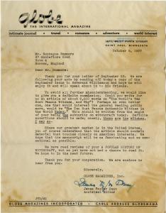 Letter from the editor of Globe magazine to Montague Summers, 1937