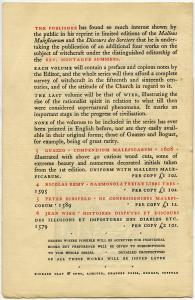 Prospectus for for John Rodker's series of witch hunting manuals edited by Montague Summers, back cover