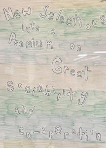 Handwritten text over shaded colored pencil background of brown, green, and blue.