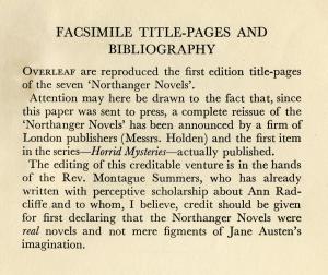 Michael Sadleir statement regarding Summers and the Northanger "Horrids"