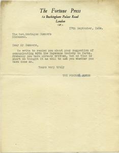 Letter from The Fortune Press to Montague Summers