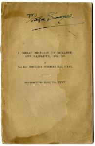 A Great Mistress of Romance: Ann Radcliffe, 1764-1823, by Montague Summers
