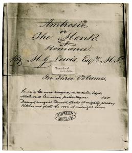 Photograph of the title page of Ambrosio, or The Monk, by MG Lewis