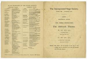Programme for the Incorporated Stage Society's production of "Love For Love" by William Congreve, 1917, front and back