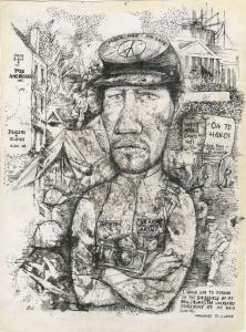 Image of a drawing of a US soldier in combat gear facing the viewer at half length. Details of buildings and people in Vietnam in the background.