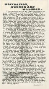 Image of a hand written letter in black writing on white paper titled Motivation, Method and Madness.