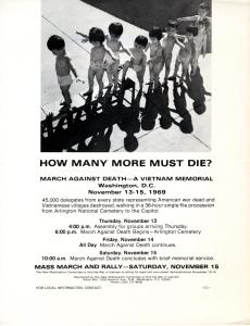 Image of a printed flier Titled How Many More Must Die? Above the text is a black and white photo of 9 Vietnamese children standing in a line on a plank of wood, their shadows in the foreground.