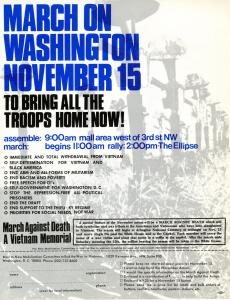 Printed flier with title in blue bold text. Behind the text is a greyed out image of rifles in a straight row, pushed vertically into the groud