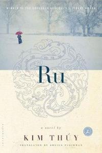Cover of the book Ru by Kim Thúy. Central Asian medallion design with a serpent. A row of trees above with a figure carrying a red umbrella.