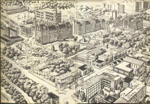 Hand drawn plan of campus and the area to the west