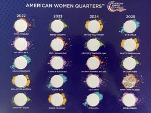 A cardboard holder with cut-outs for American Women Quarters from 2022, 2023, 2024 and 2025. The background is blue. Only one quarter is housed in the holder, for Stacey Park Milbern, in the 2025 section.