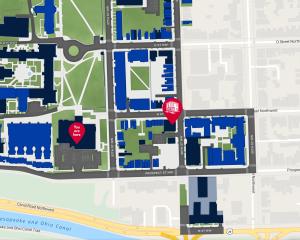 Map of Georgetown with markers to show the location of Lauinger and Mortara
