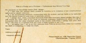 Small typed pledge card which is yellow with age and has a rust mark showing where it was once paper clipped to another document
