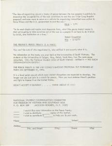 Back of black and white printed flyer