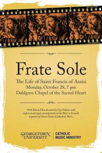 A flyer for the screening of "Frate Sole" at Georgetown University. At the top is an image of analog film showing a monk