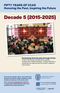 Introductory Poster for Decade 5, with Fida Adely speaking to a crowd