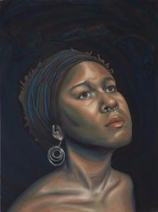 A painting of a brown-skinned woman staring off into the distance against a dark, hazy background. She wears a brown and blue headwrap and a silver dangly earring shaped like a spiral. A spectre is above the subject's head. 