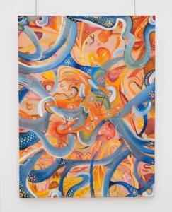 A painting of blue, orange, yellow, and pink abstract shapes and multicolored dots against a beige background.