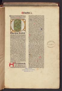 Opening Page of Thomas Aquinas' 1478 Summa Theologica with a large illuminated initial O with a green background embossed with faces