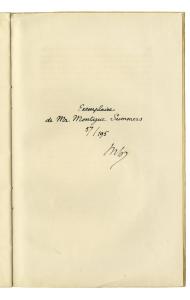 Inscription by Maurice Heine to Montague Summers in his copy of Heine's monograph on the Marquis de Sade