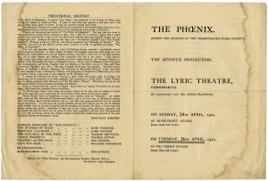 Programme for "The Witch of Edmonton", 1921, showing the venue and date on the front and Summers' theatrical history on the back