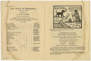 Programme for "The Witch of Edmonton", 1921, showing the cast list and an illustration from the 1658 edition of the play