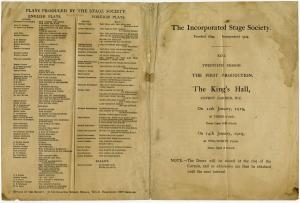 Outside, front and back, of the programme for "The Provok'd Wife",  showing the venue and dateshowing the 